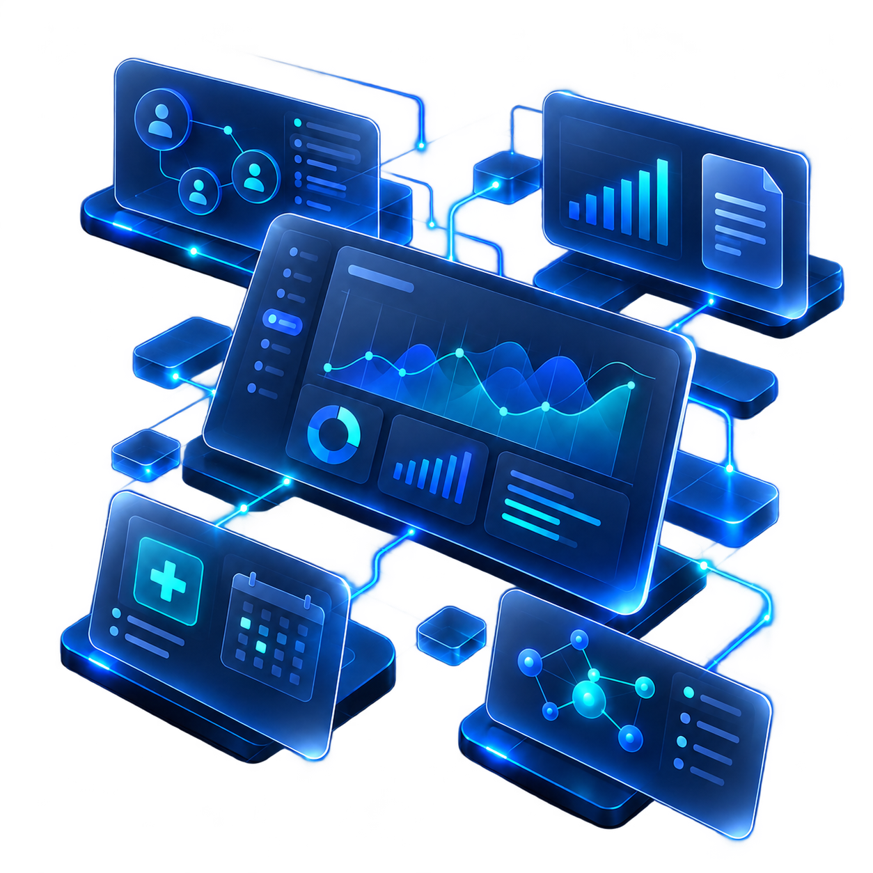 Concept illustration connecting customer relationships, finance, healthcare and AI through one business system